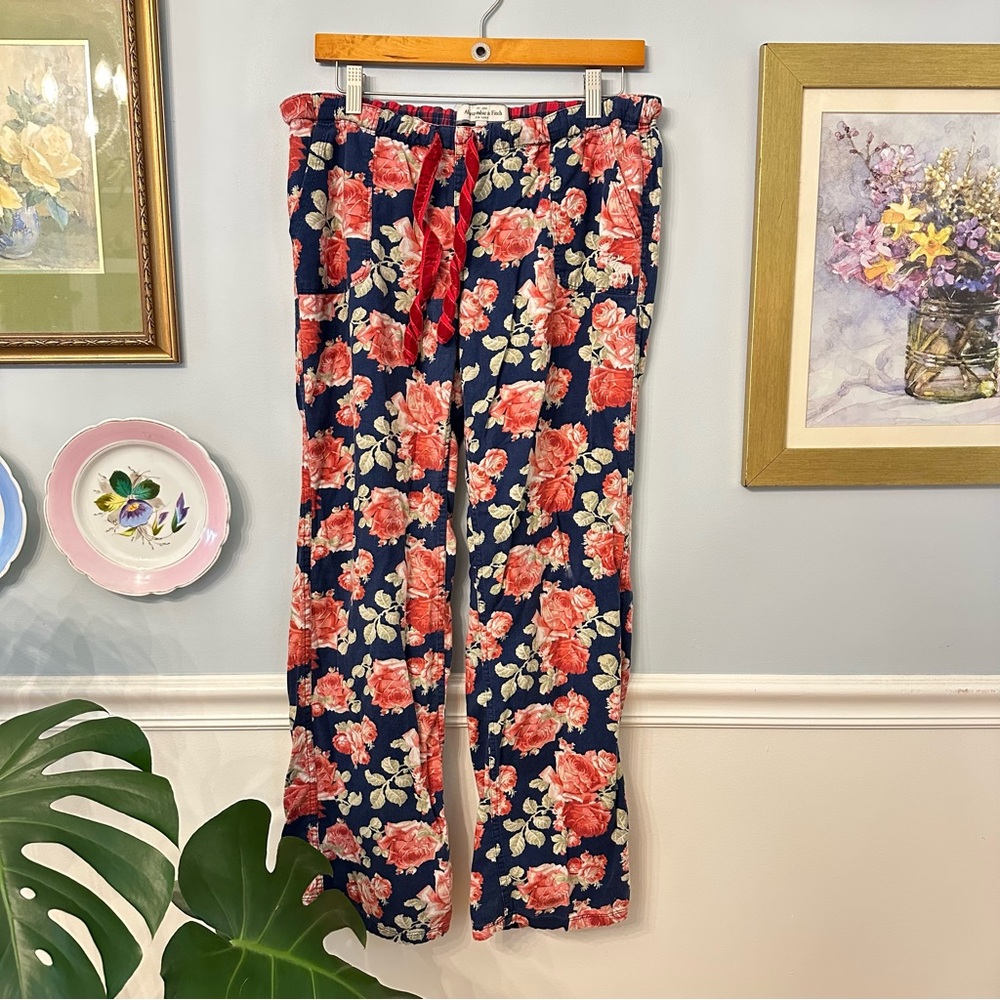 Vtg Y2K Abercrombie & Fitch Plaid Pajama Pants Medium Floral Low Rise Flannel - Picture 1 of 9
